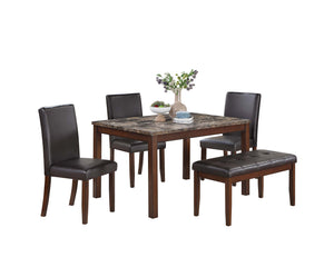 English Elm 5 5-Piece Dining Set with Faux Marble Top, Two-Tone Finish, Upholstered Chairs & Bench for Versatile Spaces B089P390143
