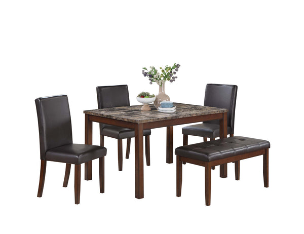 English Elm 5 5-Piece Dining Set with Faux Marble Top, Two-Tone Finish, Upholstered Chairs & Bench for Versatile Spaces B089P390143