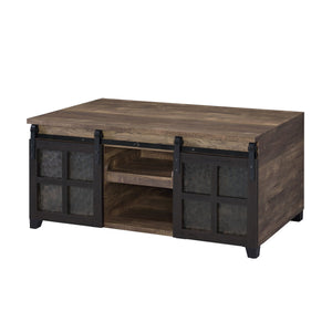 English Elm Rustic Oak and Black Coffee Table with Glass Sliding Barn Doors, Hidden Storage Compartments, 47.5" wide B062P181396
