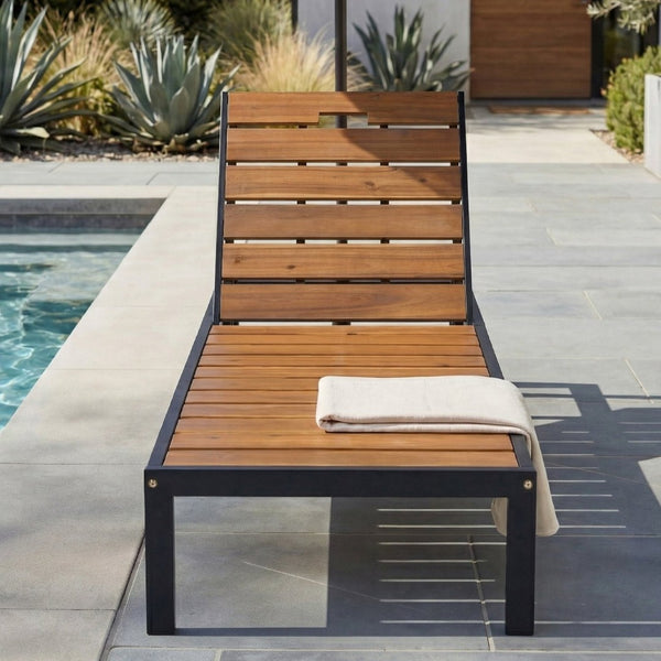 English Elm Outdoor Acacia Wood Slat Chaise Lounge with Powder Coated Frame for Patio Resort Black+Natural N719P383161B