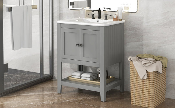 English Elm 24" Modern Sleek Bathroom Vanity with Ceramic Sink, Solid Wood Frame, Waterproof Finish and Open Shelf Storage Grey N725P246473E