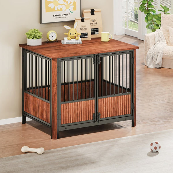 English Elm 31.5'' Walnut Fluted Wood Dog Crate Doubles as End Table for Small Medium Breeds W1820P336033