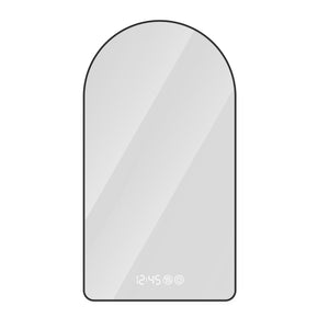 English Elm 28"x48"Arched LED Mirror with Clock & Thermometer, Anti-Fog, Dimmable 3-Color Backlight, Black Frame W2709P242512