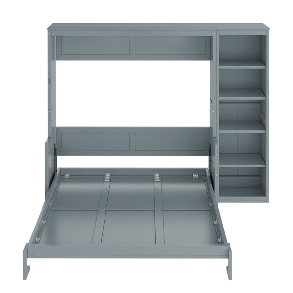 English Elm Queen Size Murphy Bed With Integrated Desk & Bookshelf – Stylish Gray Space-Saving Solution! N7090004016E-GIGA