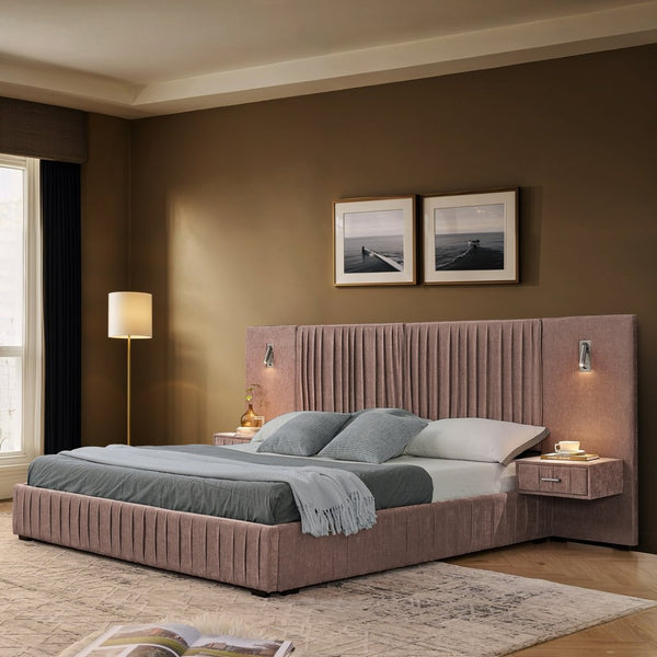 English Elm Queen Upholstered Bed Frame With Chenille Fabric, Pleated Headboard & Built-In Nightstand - Pink W487S00399-GIGA