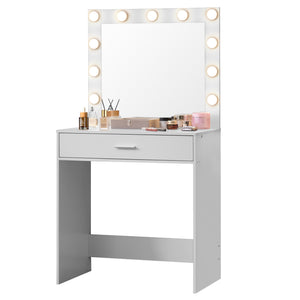 English Elm Vanity Elegant dressing table with LED mirror lights, large drawer, adjustable brightness & storage White W2386P216215