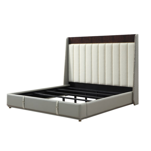 English Elm Jamonica Linen Upholstered Eastern King Bed Glossy Wood Grain Headboard Panel B2756S00032
