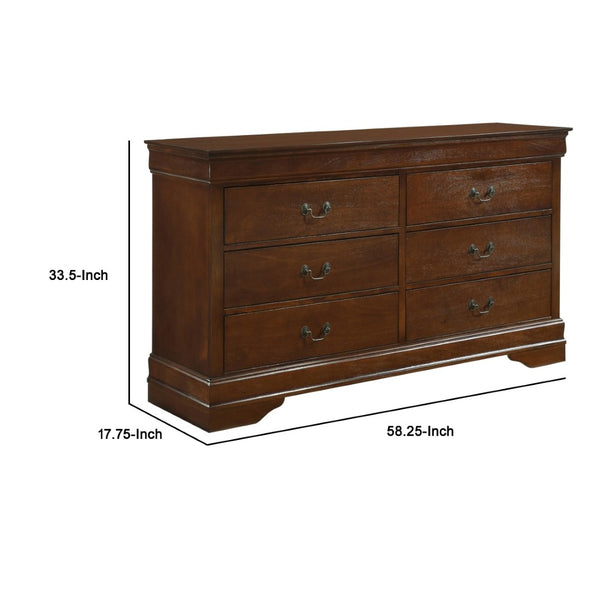 English Elm 6 Drawer Wooden Dresser with Molded Fronts and Metal Bale Pulls for Bedroom Storage B056P417107
