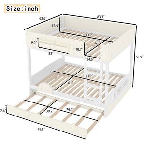 English Elm Queen Bunk Bed with Trundle Solid Pine Kids Car Themed Frame Built-in Bookshelf Beige+White W1580S00446