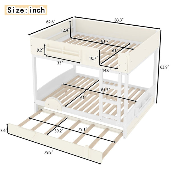 English Elm Queen Bunk Bed with Trundle Solid Pine Kids Car Themed Frame Built-in Bookshelf Beige+White W1580S00446