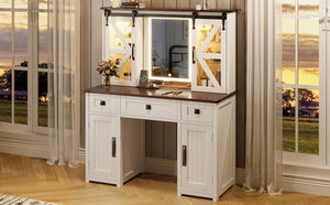 English Elm 43.3" Rustic Farmhouse Vanity Desk with Led Mirror Barn Door Stool Charging Station N704P328548A