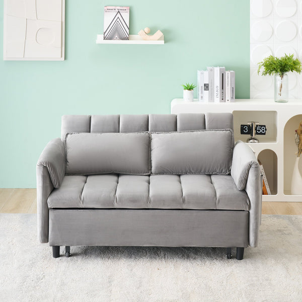 English Elm 52 Grey Modern Velvet Sofa Bed Convertible 3-in-1 Small Loveseat with Pillows, Pockets, Metal Legs, 500lb Capacity W1658P266339
