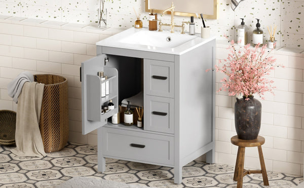English Elm Modern 24 Inch Bathroom Vanity Solid Wood Cabinet with Ceramic Sink and Soft Close Storage Gray N729P292859E