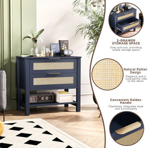 English Elm Rattan Front Boho Coastal Nightstand with Gold Pulls Open Shelf and Woven Drawer Accents Navy Blue T3210P471551
