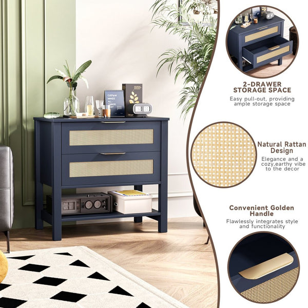 English Elm Rattan Front Boho Coastal Nightstand with Gold Pulls Open Shelf and Woven Drawer Accents Navy Blue T3210P471551