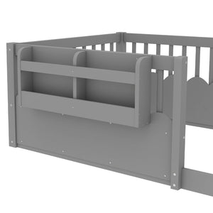 English Elm Twin Low Profile Kids Floor Bed Pine Wood Frame with Safety Rail and Built in Bookshelf Gray W1580P373135