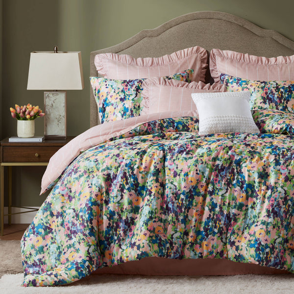 JLA Home Madison Park - 8PCS Reversible Cottage Chic Comforter Set – Abstract Floral Print, Breathable Cotton, Plush Fill, OEKO-TEX Certified MP10-8724