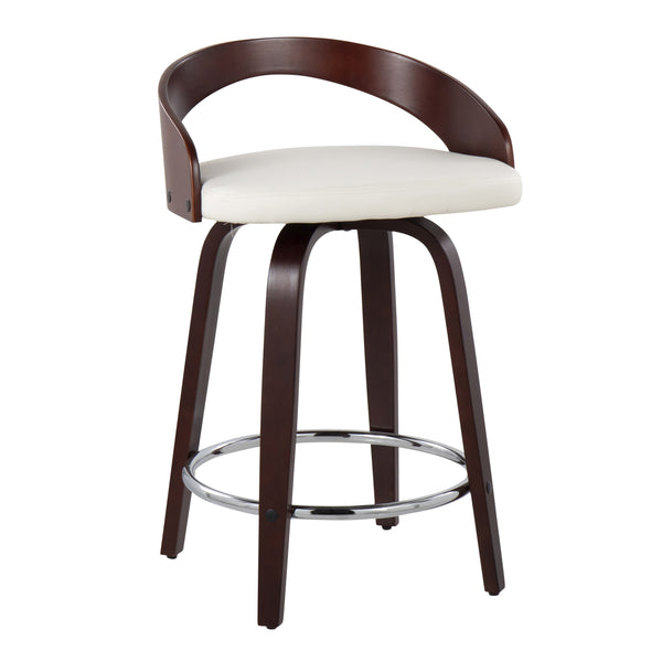 English Elm Grotto Mid-Century Counter Stool with Swivel, Cherry Wood Frame and Faux Leather Seat, Set of 2 White B202S00064