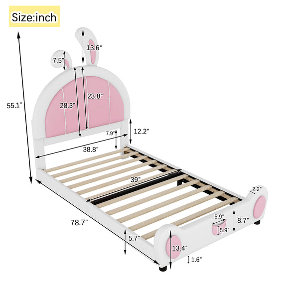 English Elm Twin Upholstered Platform Bed with Ribbit Headboard, White Pink Ears, Low-Profile Modern Frame, Cute WF323763AAK