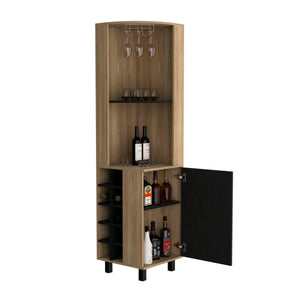 English Elm Kaia 70" Tall Corner Bar Cabinet with 10 Wine Cubbies, Stemware Rack & 4 Shelves in Black Pine B070S00254