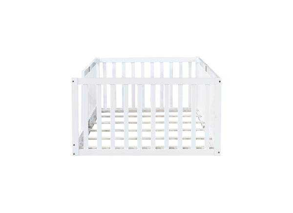 English Elm Twin Floor Bed Solid Rubber Wood with Tall Safety Railings for Toddler Sleep White W504P287643