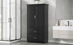 English Elm Tall Bathroom Storage Cabinet – Slim Black MDF Organizer with 2 Doors, 2 Drawers, Adjustable Shelves, Anti-Tip Device N725P172882B