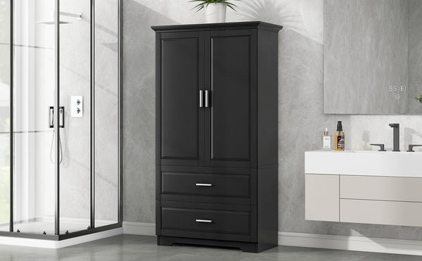 English Elm Tall Bathroom Storage Cabinet – Slim Black MDF Organizer with 2 Doors, 2 Drawers, Adjustable Shelves, Anti-Tip Device N725P172882B