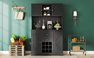 English Elm Coffee Bar Cabinet Dark Blue Farmhouse Buffet with Wine Cubbies, Stemware Rack, Drawers, Shelves & Prep Space Black W1580S00088