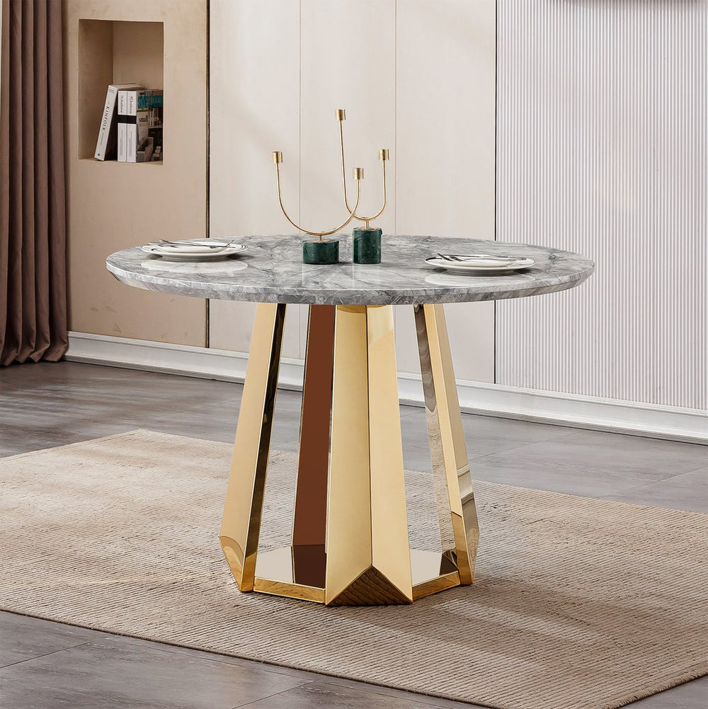 English Elm 47" Round Marble Dining Table - Chic Faux Marble Top & Gold Stainless Steel Base - Versatile & Durable Design For Any Space W3456S00009