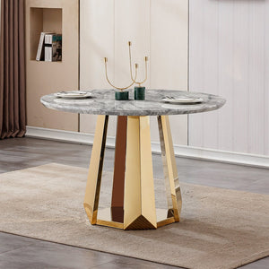 English Elm 47" Round Marble Dining Table - Chic Faux Marble Top & Gold Stainless Steel Base - Versatile & Durable Design For Any Space W3456S00009