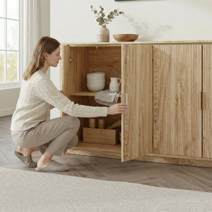English Elm 60'' Fluted Oak Credenza with Faux Marble Top and Gold Trim Four Door Buffet Natural Wood W5216P454717