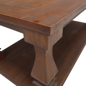 English Elm Farmhouse Coffee Table Solid Planked Wood with Open Shelf Square Baluster Living Room Antique Brown,Walnut Brown W1445P362862