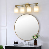 English Elm 4-Light Golden Bathroom Vanity Light Fixture, Frosted Glass Shades, Modern Wall Mounted Lighting (No Bulbs)