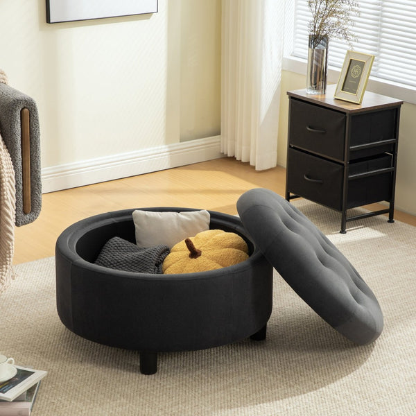 English Elm 29.33"w Fleece Tufted Round Storage Ottoman Reversible Lid Footstool for Living Room Gray W3189P422397