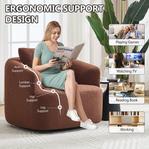 English Elm 360° Swivel Barrel Chair Teddy Fleece Upholstery with Pillow for Bedroom Reading Nook Brown W1803P362981