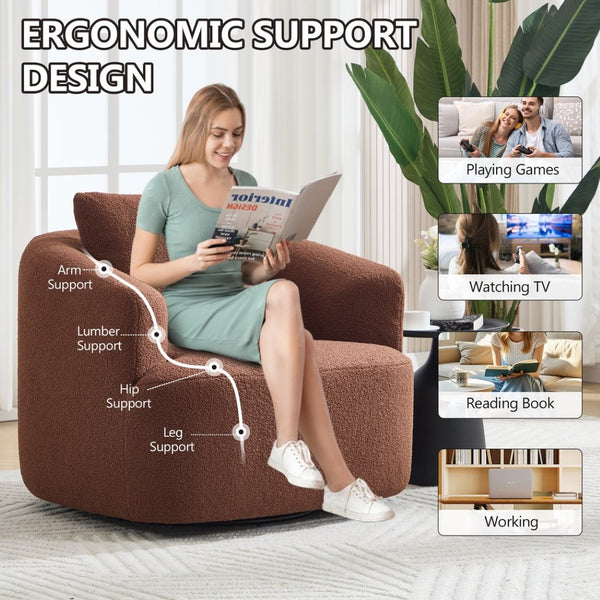 English Elm 360° Swivel Barrel Chair Teddy Fleece Upholstery with Pillow for Bedroom Reading Nook Brown W1803P362981