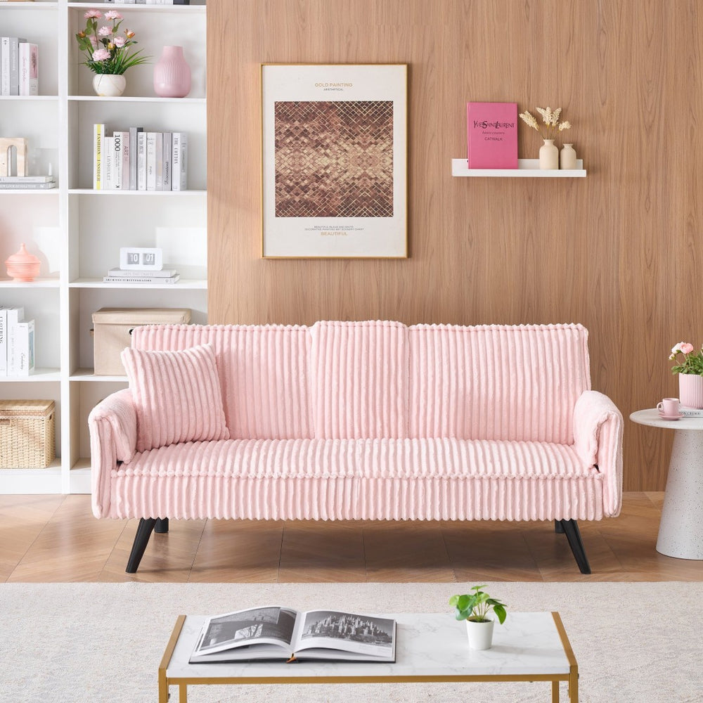 English Elm Minimalist Corduroy Reclining Sofa with Convertible Flat Sleeper and Cup Holder Pink W3356P421779