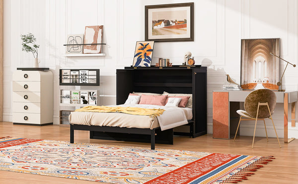 English Elm Full Size Murphy Wall Bed Cabinet with Rattan Panel Detailing and Storage Drawers Espresso N708P336203P