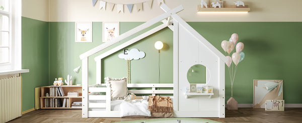 English Elm Twin House Bed Low Profile Pine Wood Frame with Shelf Montessori Kids Floor Sleeping White W5305P429642