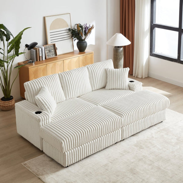 English Elm 84inch Corduroy Deep Seat Three Person Sofa with Storage Ottomans for Living Room Beige W834S00565
