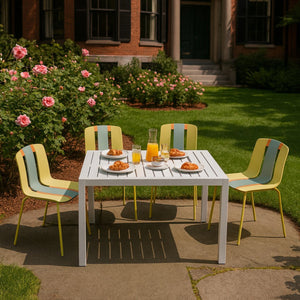 English Elm 4-Pack Modern Striped Color Block Chairs with 55" Long Table — Waterproof PP Seats, Rustproof Metal Frame Grain Yellow,Haze Green,Tropical Orange,White W3450S00043