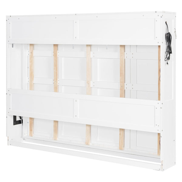English Elm Queen-size Murphy Wall Bed with Led Ambient Lighting Usb Outlet and Graphic Panel White LP000357AAK