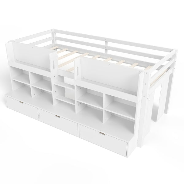 English Elm Twin Xl Low Loft Bed with Curtain Hideaway Chalkboard and Built-in Storage Shelves W1580S00399