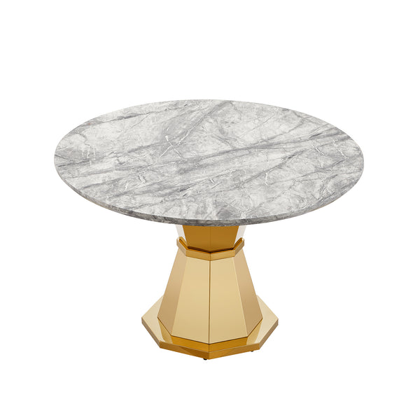 English Elm 47" Round Marble Dining Table - Luxurious Faux Marble Top & Gold Stainless Steel Base For Modern Homes W3456S00006
