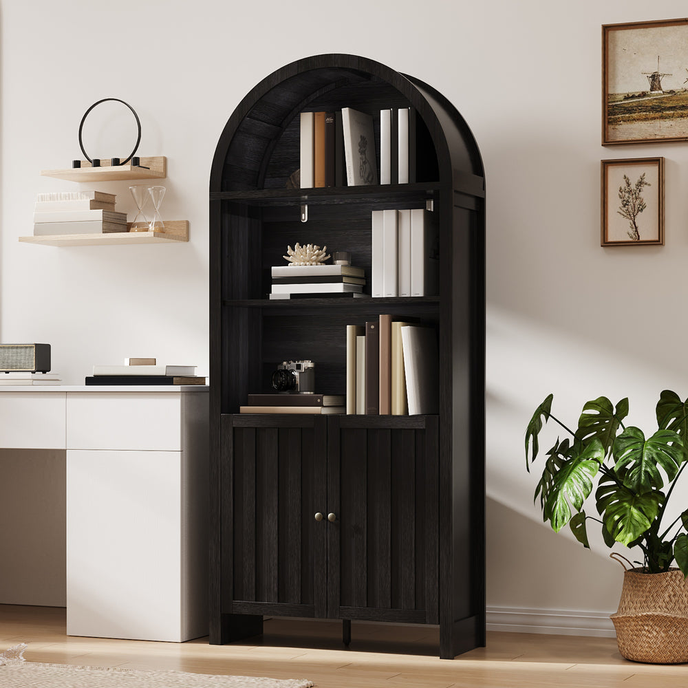 English Elm 71" Tall Farmhouse Bookshelf with Arched Top and Lower Cabinet, Rustic Slatted Doors, Sturdy Design Black T3771P371997