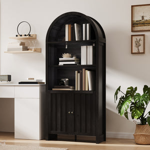 English Elm 71" Tall Farmhouse Bookshelf with Arched Top and Lower Cabinet, Rustic Slatted Doors, Sturdy Design Black T3771P371997