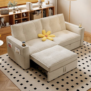 English Elm SOMNUS Convertible Sofa Bed with Corduroy Upholstery, Space-Saving 2-in-1 Design, Durable Steel Frame White W3820S00010