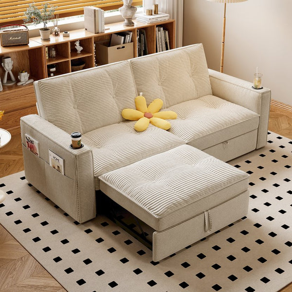 English Elm SOMNUS Convertible Sofa Bed with Corduroy Upholstery, Space-Saving 2-in-1 Design, Durable Steel Frame White W3820S00010