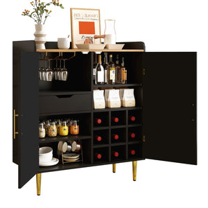 English Elm Modern Fluted Bar Cabinet with Wine Rack Glass Holders Adjustable Shelving and Hidden Drawer Black N728P438606B