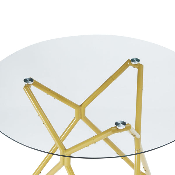 English Elm 35.4-Inch Round Tempered Glass Dining Table – Stylish Gold Finish For 1-4 People, Space-Saving Design W1162P306709